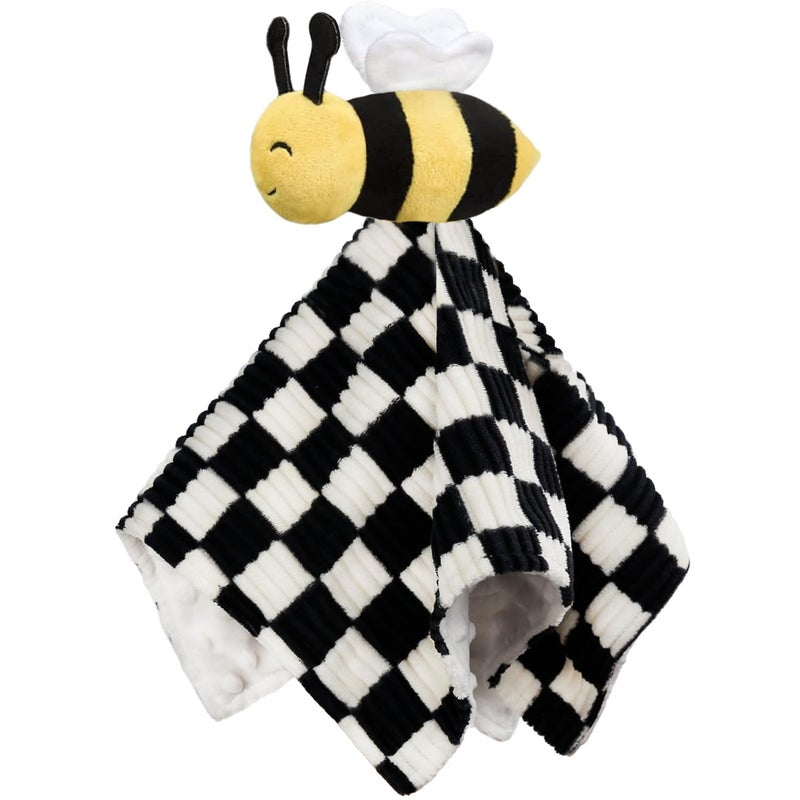 BEILIMU Baby Lovey Blanket for Boys Girls Super Soft Checkerboard Gingham with Minky Dot Fabric Backing Bee Stuffed Animal Lovely Snuggle Toy Black 14 Inch - Image 1